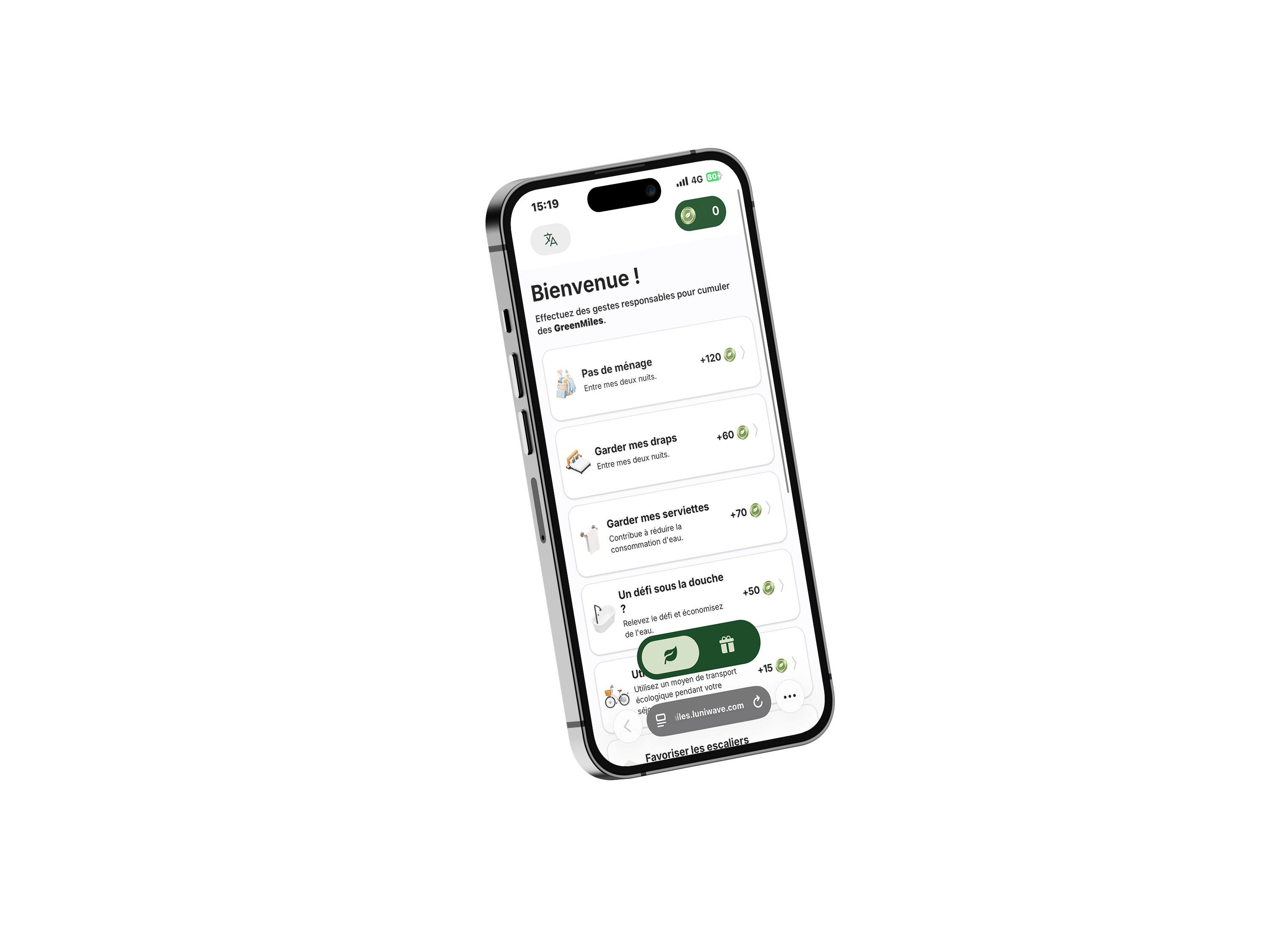 Écran GreenMiles : les écogestes récompensés (pas de ménage, garder mes draps, défi douche)